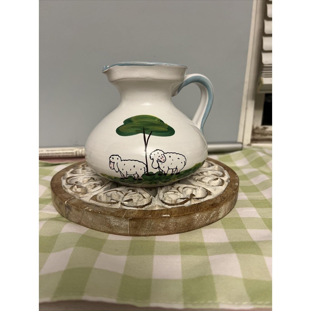 Italian Art Pottery Hand Painted Two White Sheep Tree Pitcher 4.75" Tall NICE!